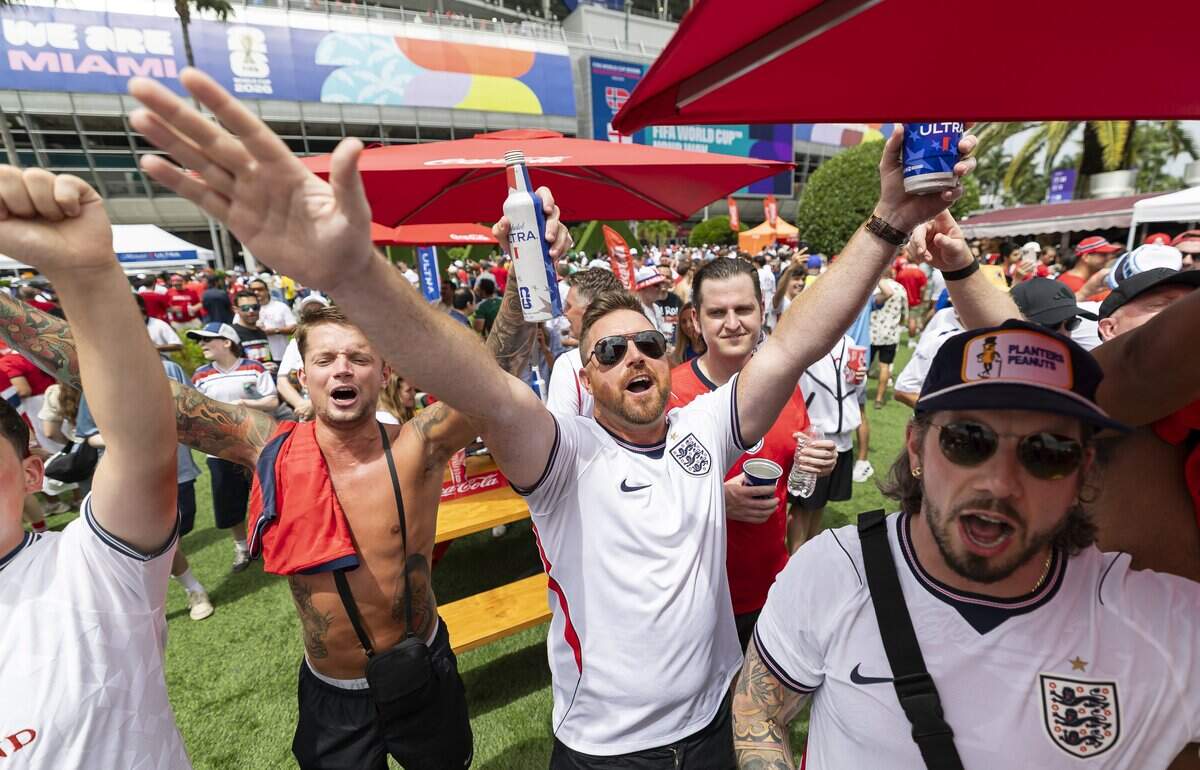 England fans cheer as they arrive to watch their team play against Norway in a FIFA World Cup 2026 Quarter Final soccer match at Hard Rock Stadium (Miami Stadium) on Saturday, July 11, 2026 in Miami Gardens, Fla.