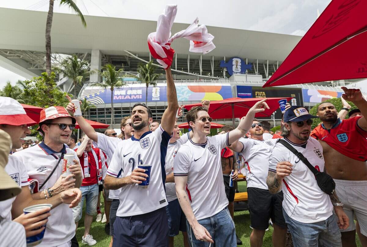 England fans cheer as they arrive to watch their team play against Norway in a FIFA World Cup 2026 Quarter Final soccer match at Hard Rock Stadium (Miami Stadium) on Saturday, July 11, 2026 in Miami Gardens, Fla.