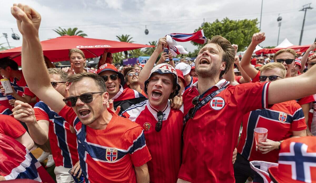 Norway fans cheer as they arrive to watch their team play against England in a FIFA World Cup 2026 Quarter Final soccer match at Hard Rock Stadium (Miami Stadium) on Saturday, July 11, 2026 in Miami Gardens, Fla.