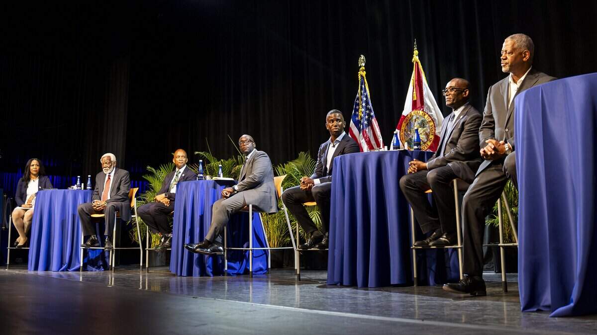 From left to right: Te Mayonna Brown, African Heritage Cultural Arts Center Managing Director Marshall L. Davis Sr., Miami-Dade commissioner Oliver Gilbert, Florida State Senator Shevrin Jones, Kendrick Meek Jr., Former Miami-Dade commissioner Jean Monestime and Miami Criminal Defense Attorney Roderick Darrell Vereen participate in a town hall debate ahead of the U.S. House Florida District 24 race at Florida Memorial University on Tuesday, June 30, 2026, in Miami Gardens, Fla.
