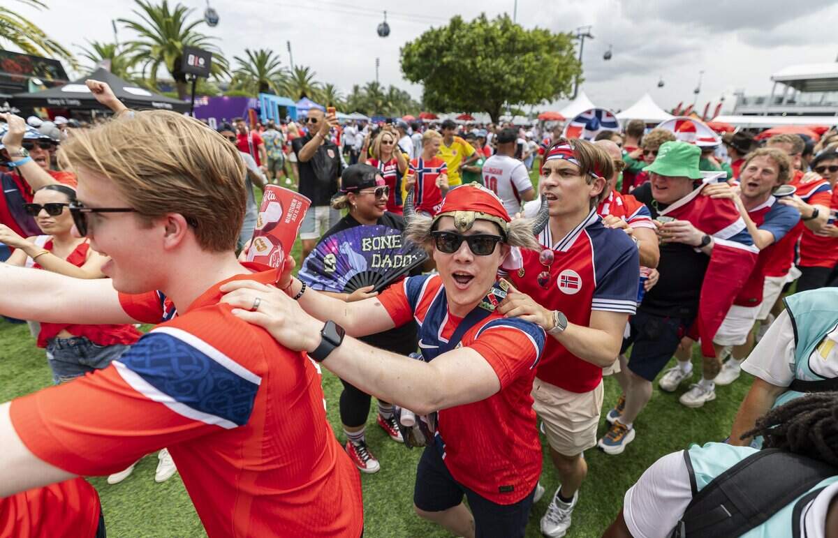 Norway fans cheer as they arrive to watch their team play against England in a FIFA World Cup 2026 Quarter Final soccer match at Hard Rock Stadium (Miami Stadium) on Saturday, July 11, 2026 in Miami Gardens, Fla.