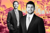 Whitman Family Development's Matthew Whitman Lazenby and Florida Attorney General James Uthmeier with a rendering of the planned redevelopment of the Bal Harbour Shops