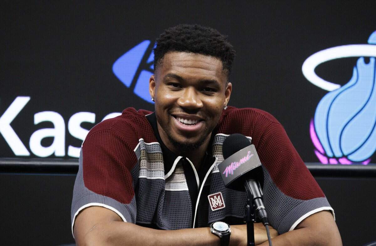 Giannis Antetokounmpo speaks during a press conference introducing him to the Miami Heat on Thursday, July 16, 2026, at the Kaseya Center in downtown Miami, Fla.