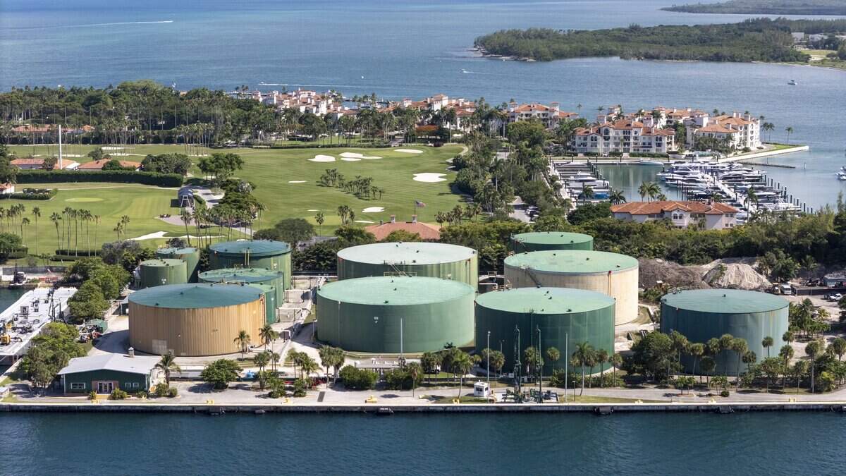 The fuel depot servicing PortMiami from Fisher Island, as seen from the air on Thursday, June 11, 2026.