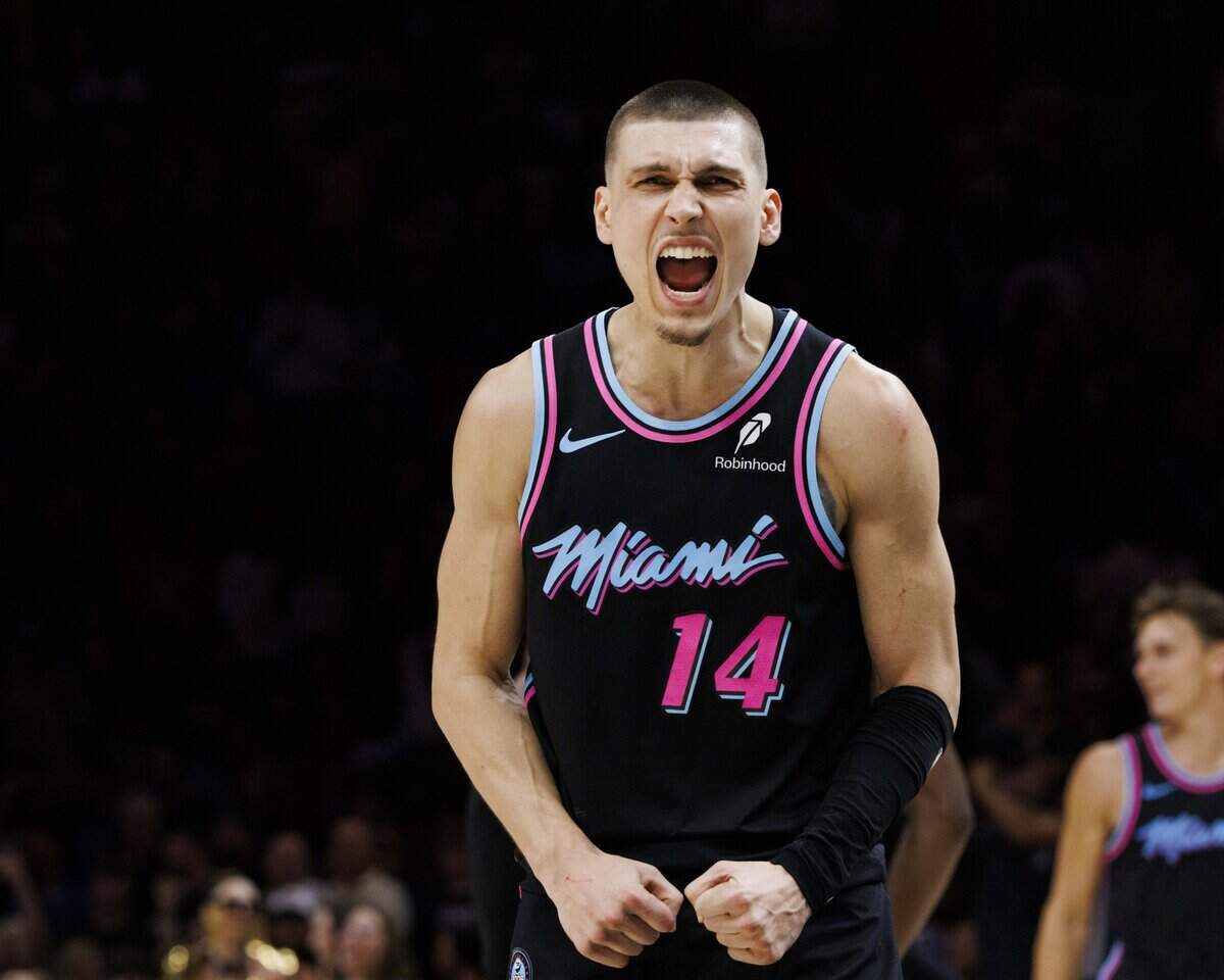 Miami Heat guard Tyler Herro reacts during the second half of a game against the Philadelphia 76ers on March 30, 2026, at the Kaseya Center in downtown Miami.