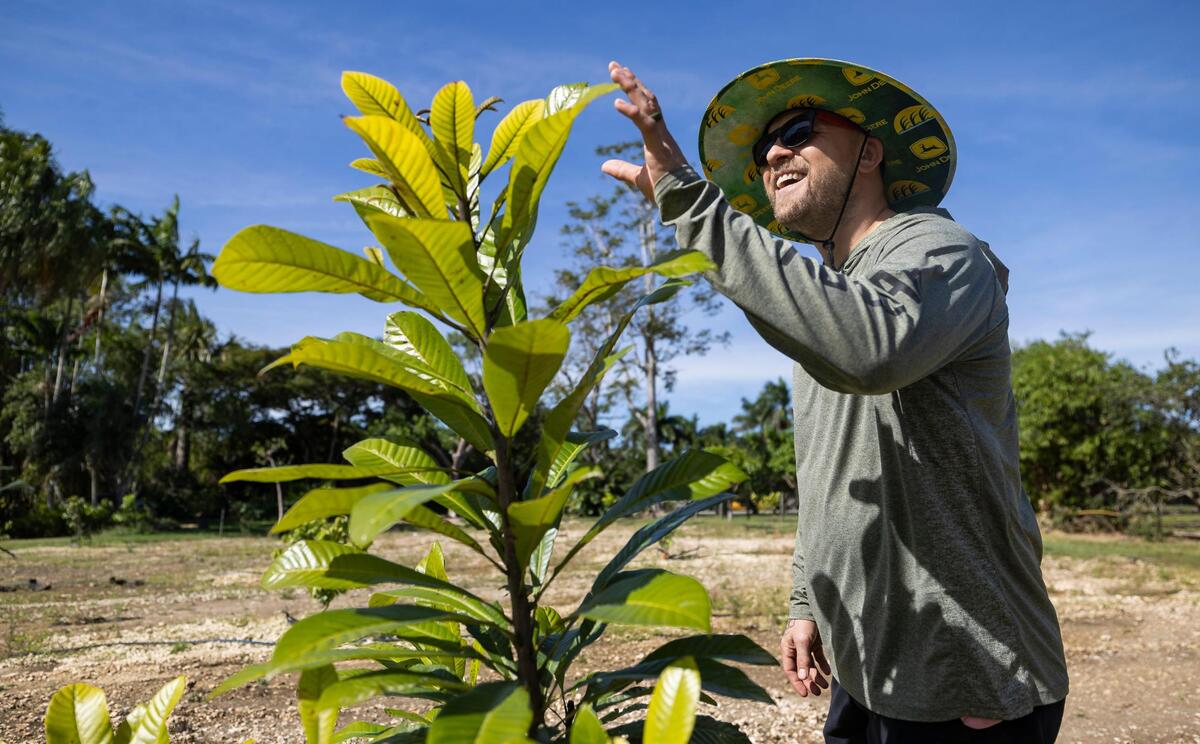 Chef Jeremy Ford at his farm in the Redland, which hosts monthly dinners in the winter. The farm supplies his restaurants, including the Michelin-starred Stubborn Seed in Miami Beach.