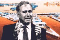 Ken Griffin with a rendering of 120 MacArthur Causeway