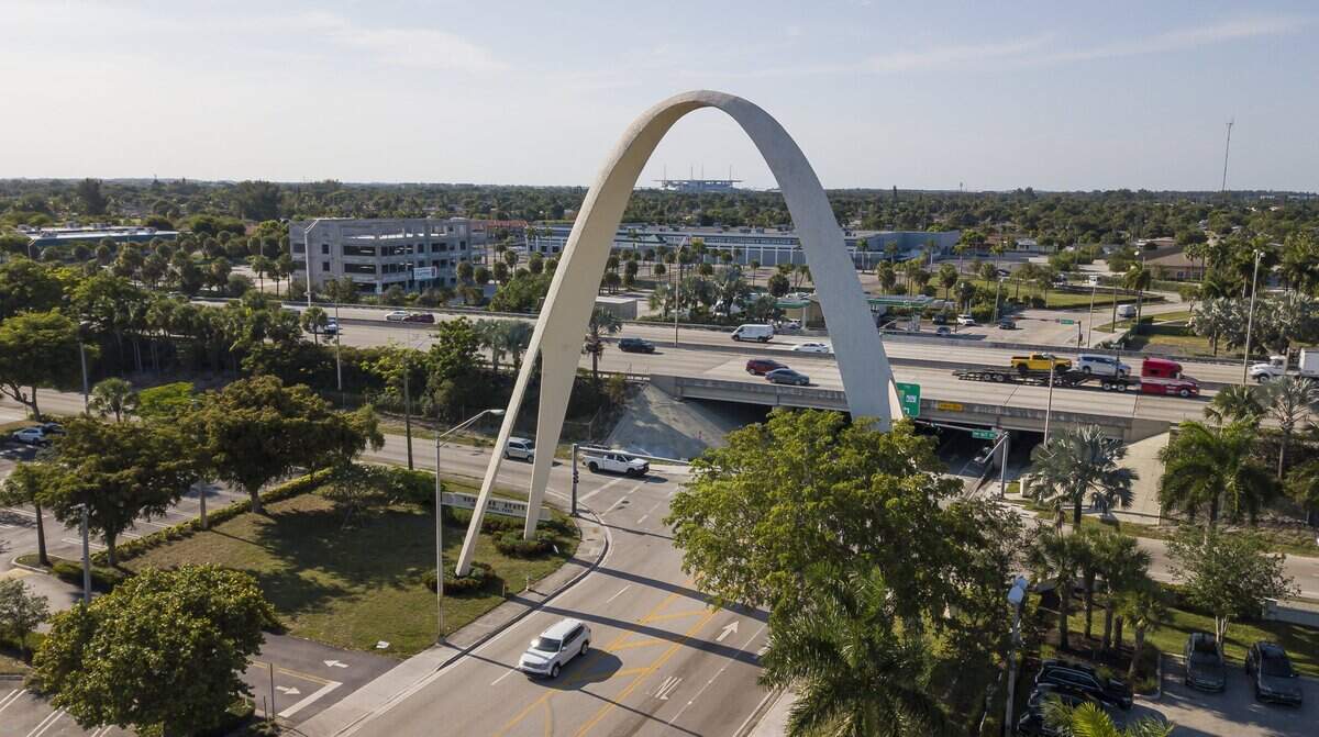 Aerial view of the Sunshine State Arch on Thursday, May 11, 2023, in Miami Gardens, Fla.