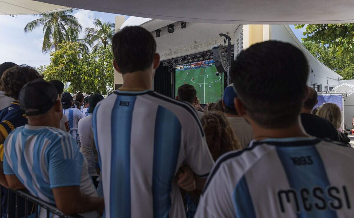 Argentina fans attend a watch party for the 2026 FIFA World Cup Final between Argentina and Spain on Sunday, July 19, 2026, at the Miami Beach Bandshell in Miami Beach, Fla.