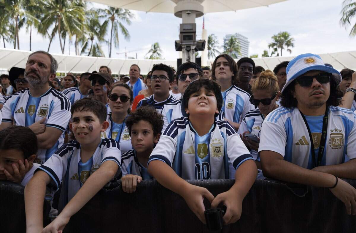 FIFA fans, a large majority rooting for Argentina, attend a watch party for the 2026 FIFA World Cup Final between Argentina and Spain on Sunday, July 19, 2026, at the Miami Beach Bandshell in Miami Beach, Fla.