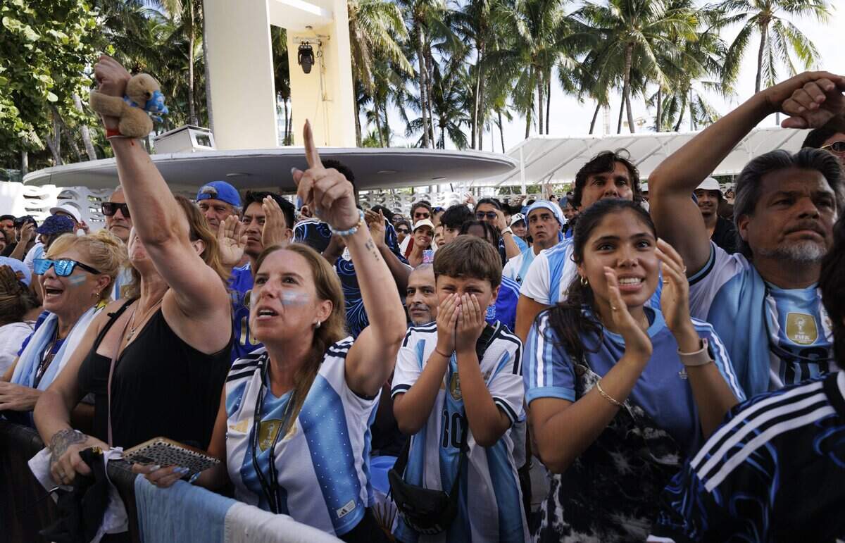 Argentina fans cheer after a call of their team during a watch party for the 2026 FIFA World Cup Final between Argentina and Spain on Sunday, July 19, 2026, at the Miami Beach Bandshell in Miami Beach, Fla.