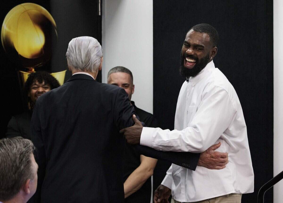 Tim Hardaway Jr., right, laughs with Miami Heat President Pat Riley after press conference announcing that Hardaway Jr. will be wearing this fatherÕs retired No. 10 jersey for the Miami Heat on Wednesday, July 8, 2026, at the Kaseya Center in downtown Miami, Fla.