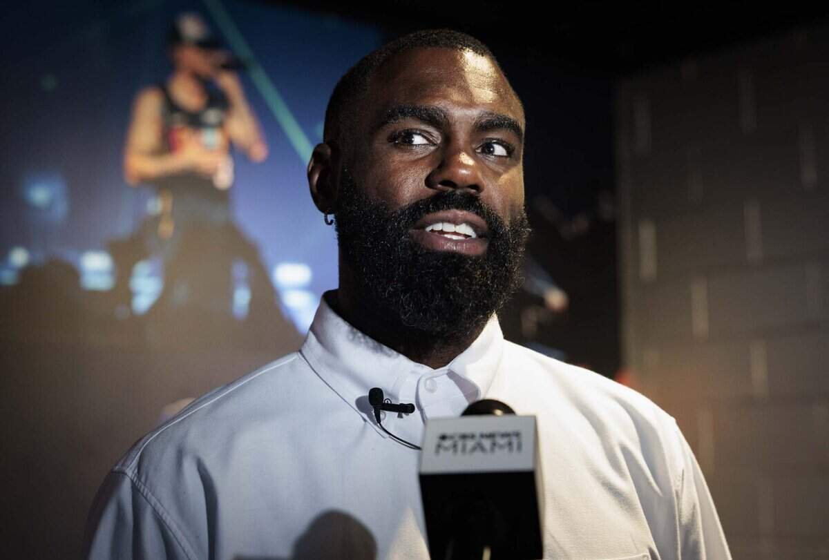 Tim Hardaway Jr. talks to the press after announcing that Hardaway Jr. will be wearing this fatherÕs retired No. 10 jersey on Wednesday, July 8, 2026, at the Kaseya Center in downtown Miami, Fla.