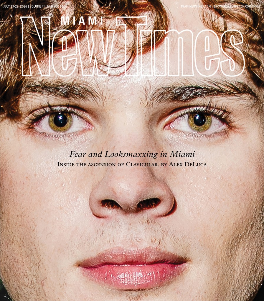 close up image of a young white man's face with a white miami new times logo atop it
