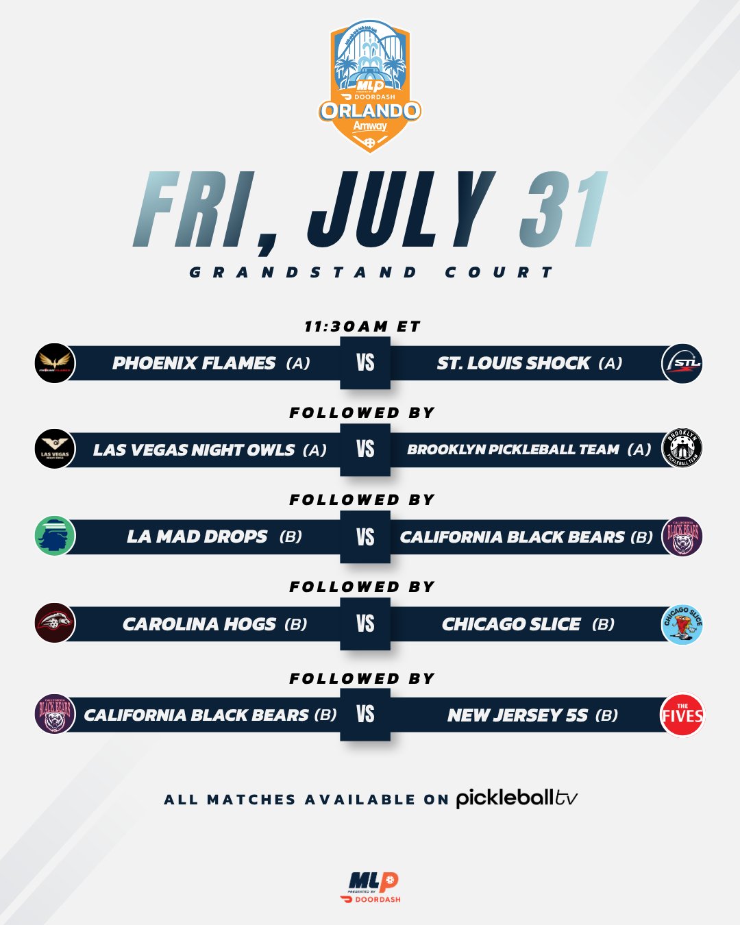 Major League Pickleball Orlando 2026 Friday Grandstand Court schedule.