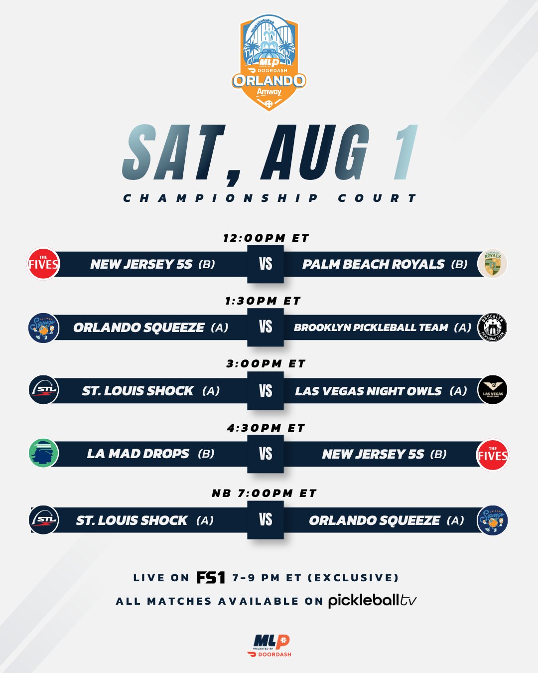 Major League Pickleball Orlando 2026 Saturday Championship Court schedule.