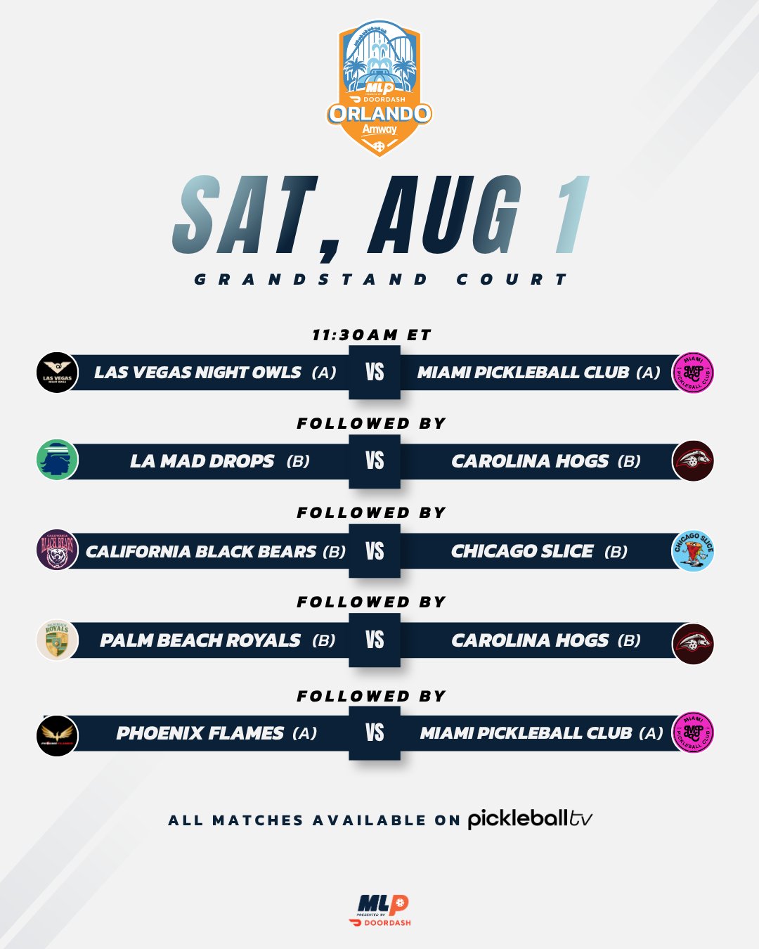 Major League Pickleball Orlando 2026 Saturday Grandstand Court schedule.