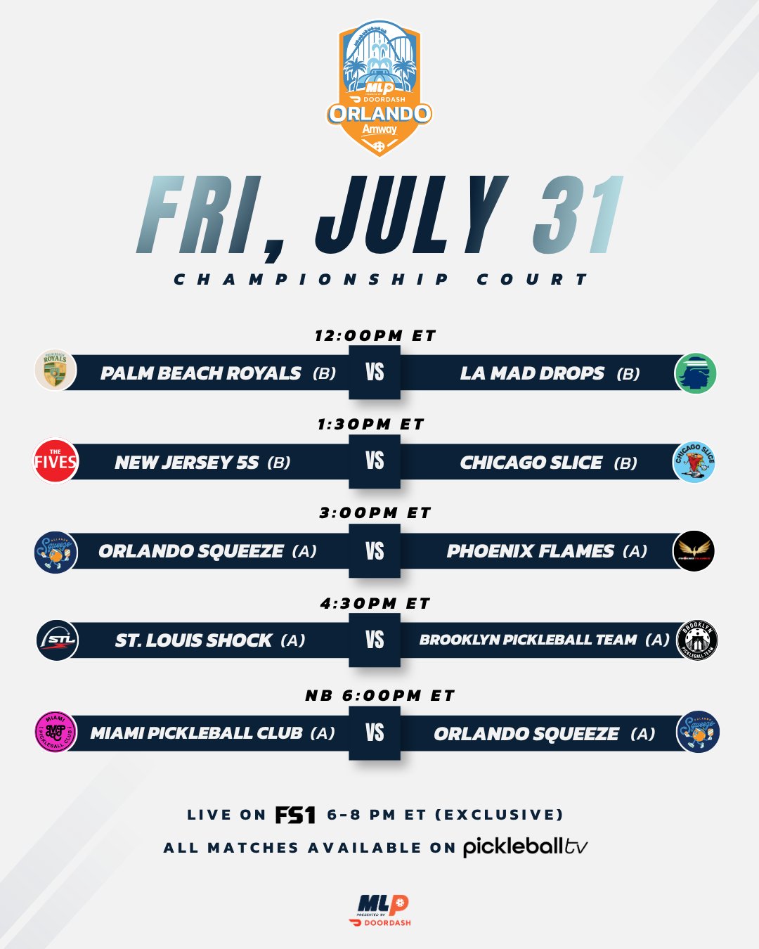 Major League Pickleball Orlando 2026 Friday Championship Court schedule.