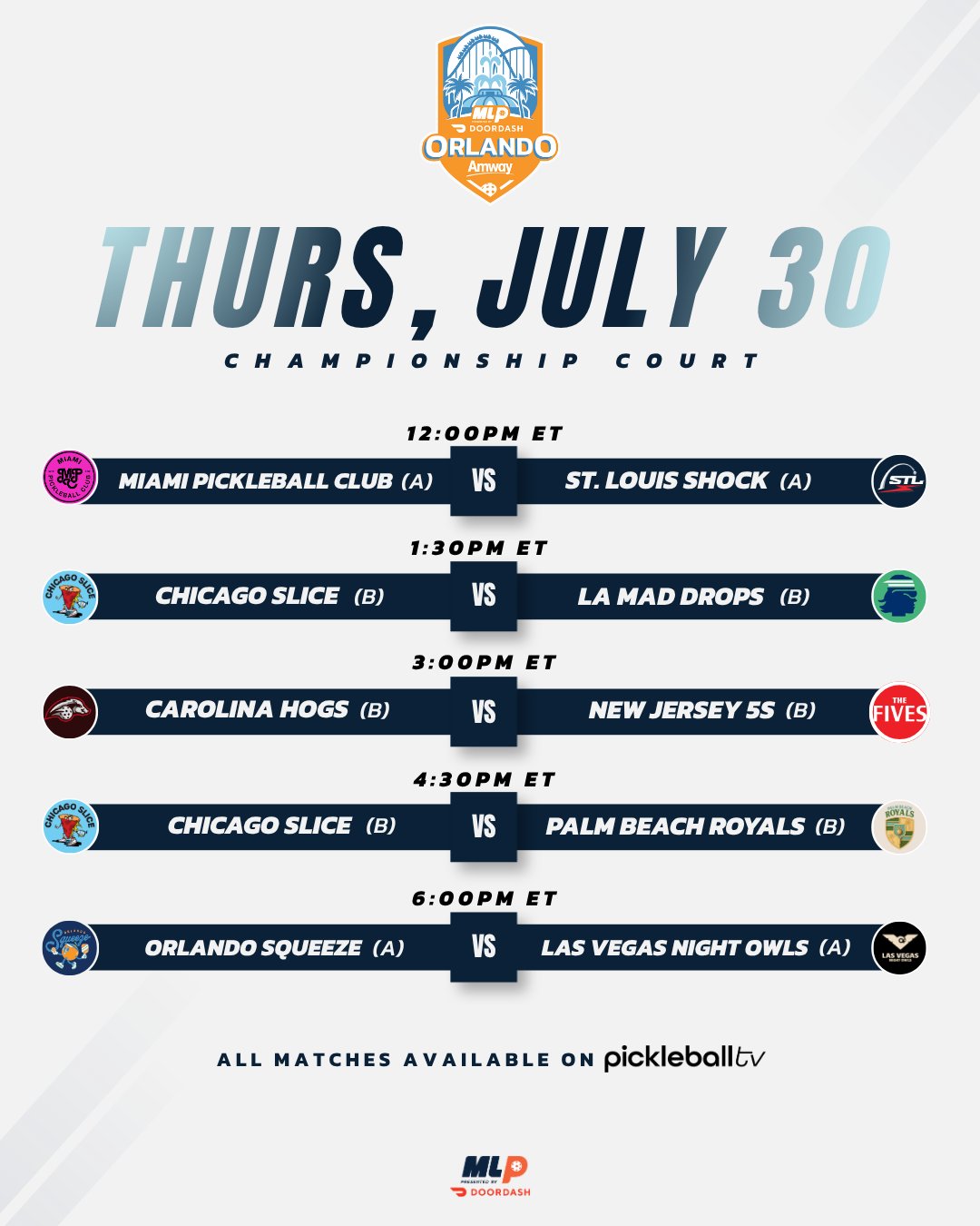 Major League Pickleball Orlando 2026 Thursday Championship Court schedule.