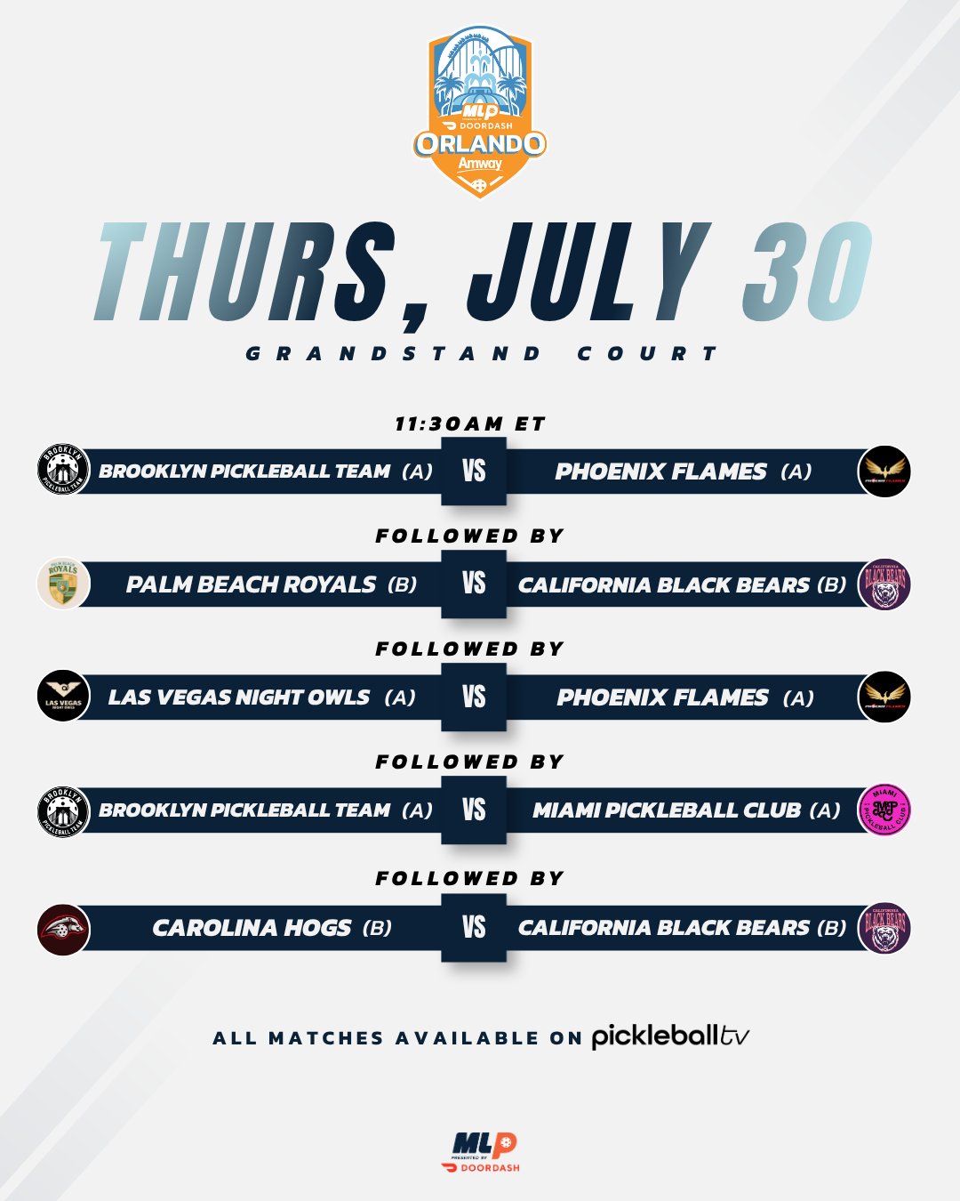 Major League Pickleball Orlando 2026 Thursday Grandstand Court schedule.