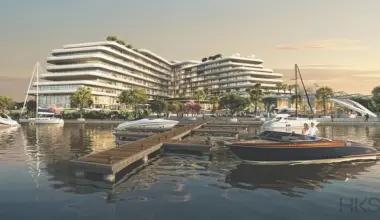 Rendering of the Four Seaons Hotel with boats floating by docks.
