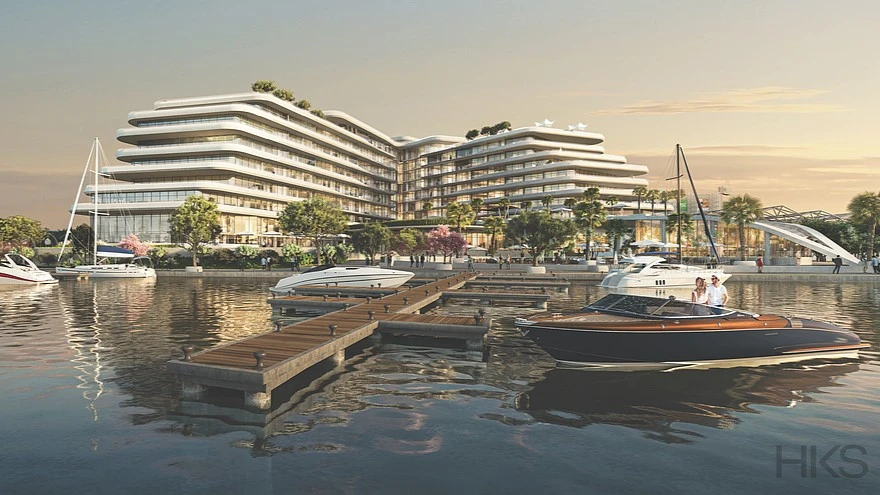 Rendering of the Four Seaons Hotel with boats floating by docks.