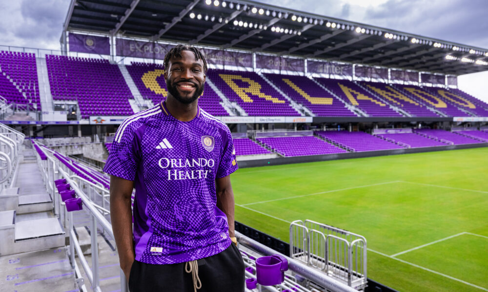 Image of Daryl Dike posing in his Orlando City kit after re-signing with the club on July 17, 2026.