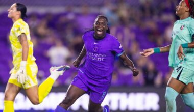 Image of Barbra Banda celebrating a goal against Kansas City.