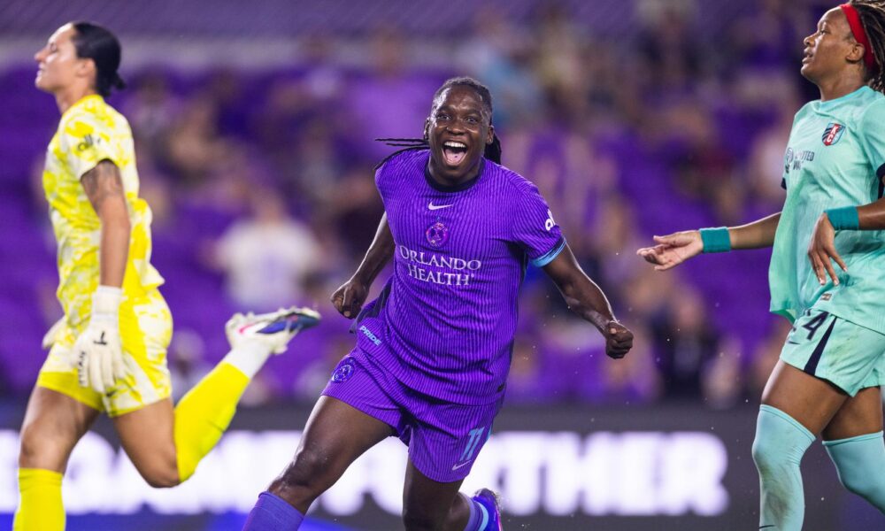 Image of Barbra Banda celebrating a goal against Kansas City.