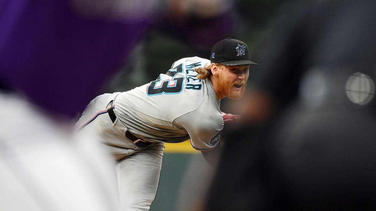 Jul 1, 2026; Denver, Colorado, USA; Miami Marlins pitcher Max Meyer (23) pitches in the first inning against the Colorado Rockies at Coors Field. Mandatory Credit: Christopher Hanewinckel-Imagn Images