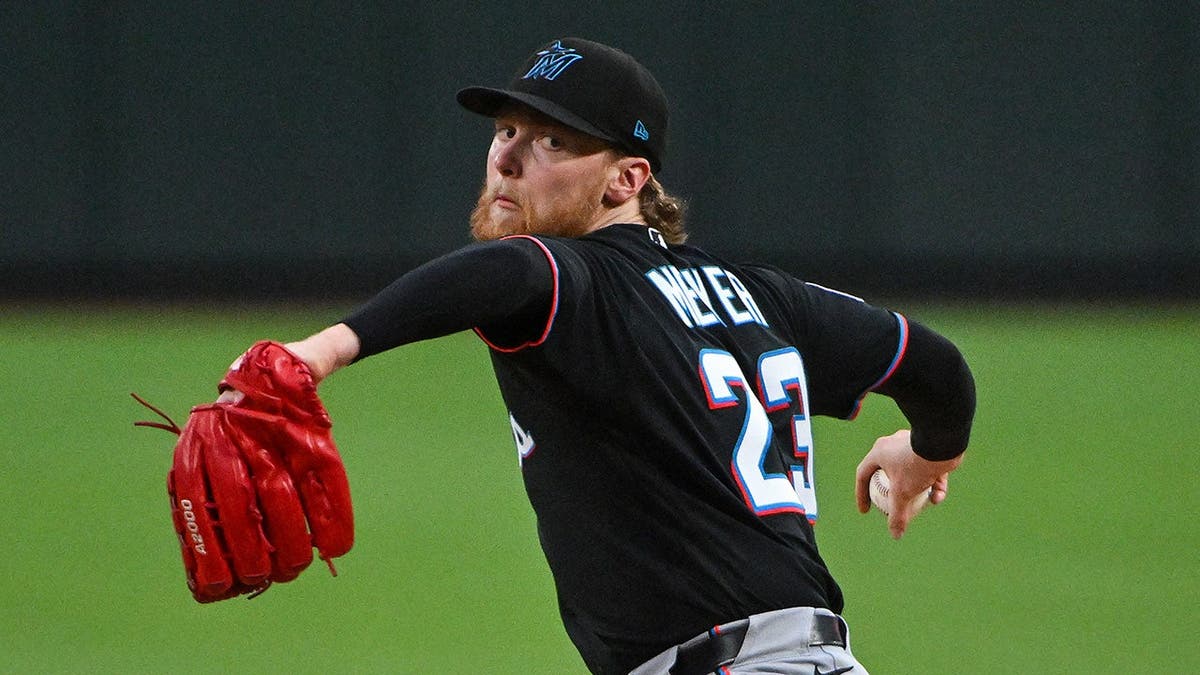 Jun 26, 2026; St. Louis, Missouri, USA; Miami Marlins starting pitcher Max Meyer (23) pitches against the St. Louis Cardinals during the third inning at Busch Stadium. Mandatory Credit: Jeff Curry-Imagn Images