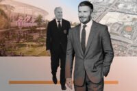 Jorge Mas and David Beckham with 1400 Northwest 37th Avenue in Miami and renderings of Miami Freedom Park