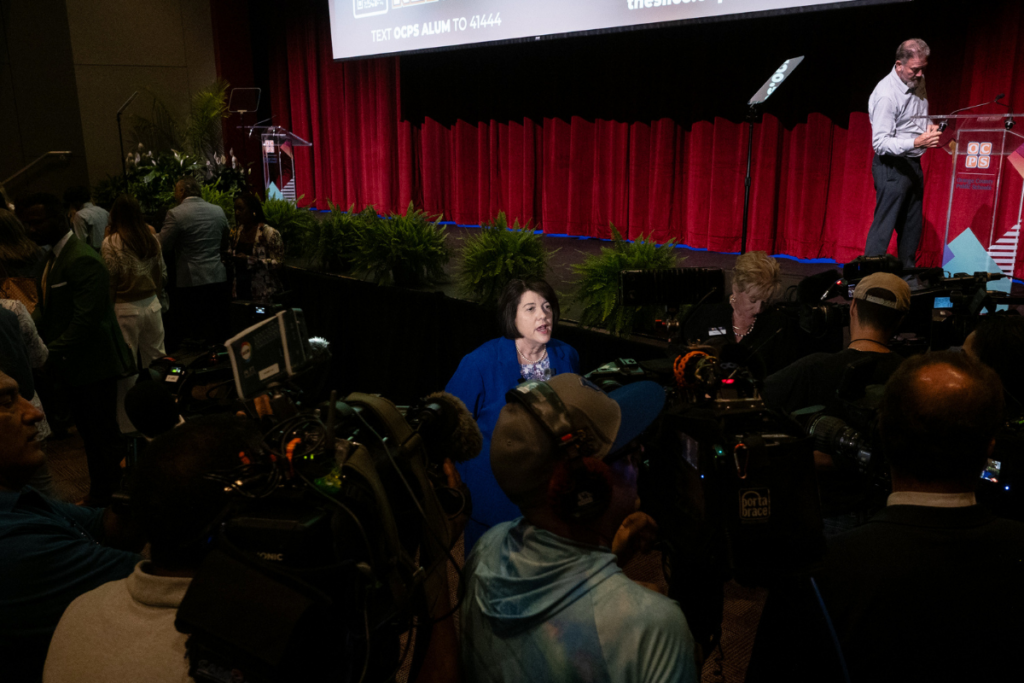 Orange County Public Schools Superintendent Maria Vazquez answers questions from members of the media following the district's 2026 State of the Schools address on June 2 at Edgewater High School. 