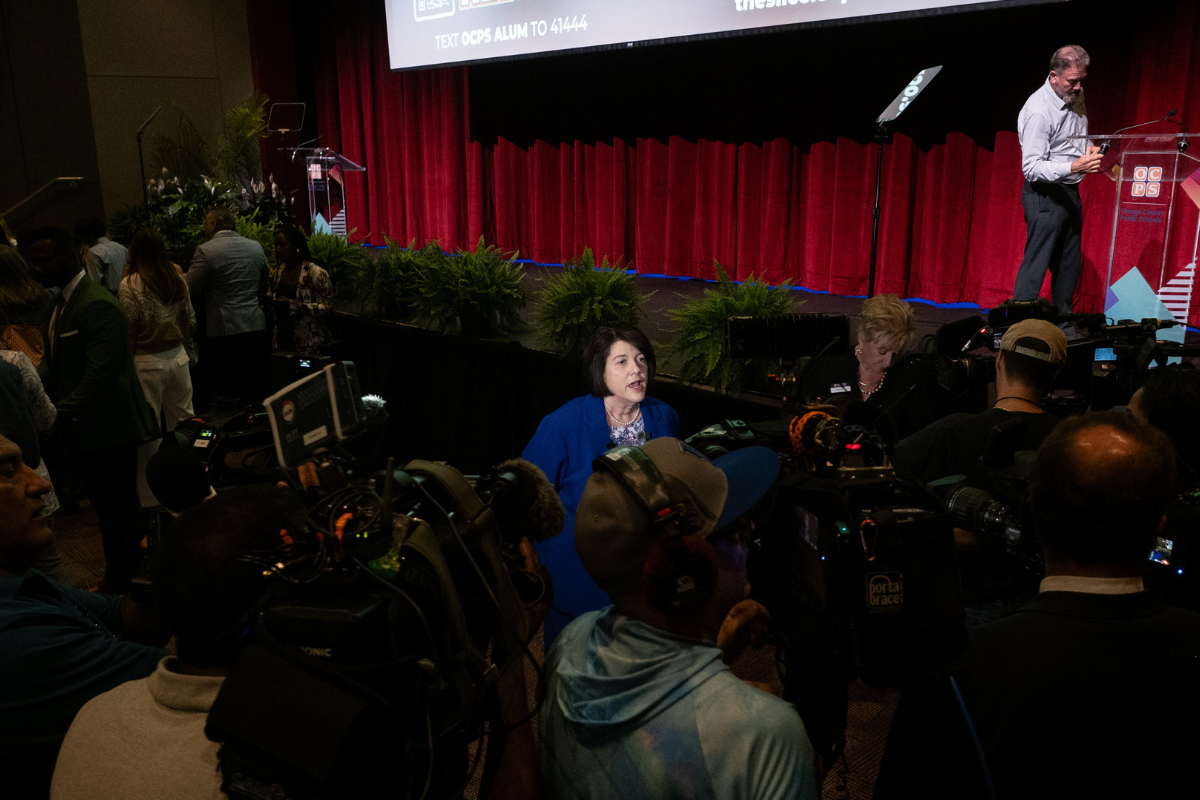 Orange County Public Schools Superintendent Maria Vazquez answers questions from members of the media following the district's 2026 State of the Schools address on June 2 at Edgewater High School. 