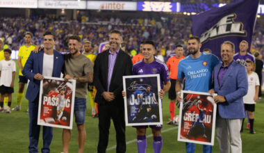 Image of Marco Pasalic, Maxime Crepeau, and Braian Ojeda being honored before a game vs. Nashville for their participation in the 2026 FIFA World Cup.