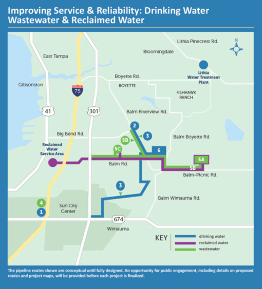 Map of Hillsborough County’s One Water Program showing drinking water, wastewater and reclaimed water projects in South County.