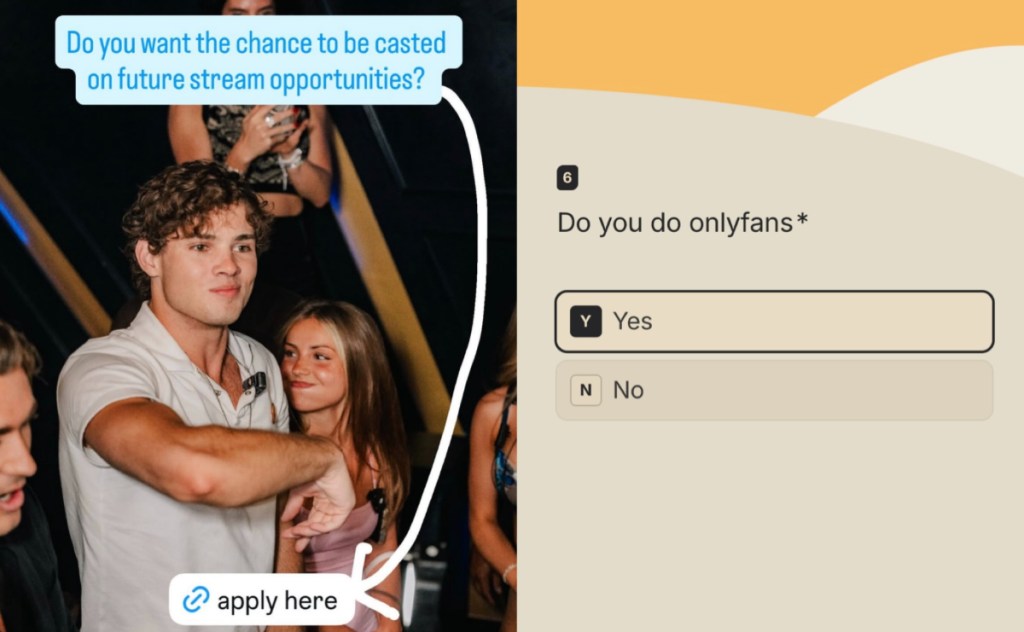 Screenshots of an Instagram story advertising a livestream casting opportunity. 