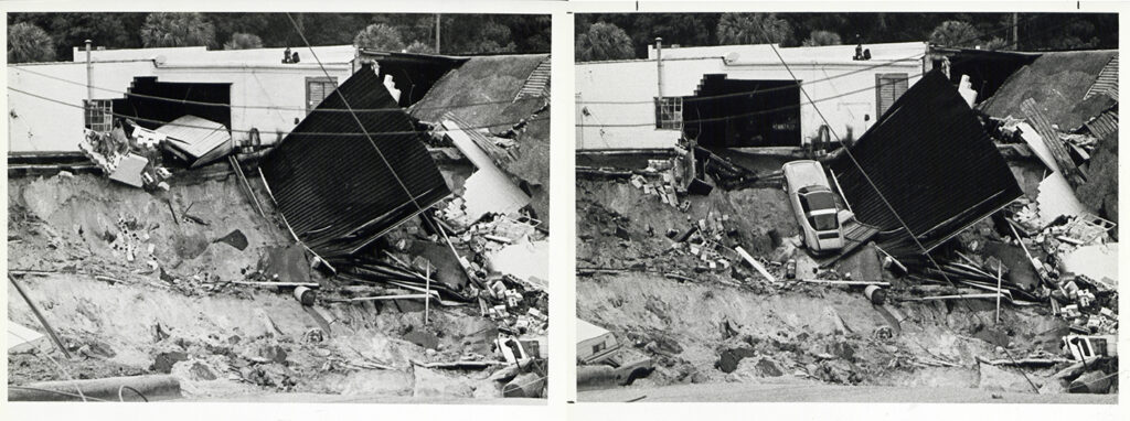 two photos show sinkhole side before and after car falls in