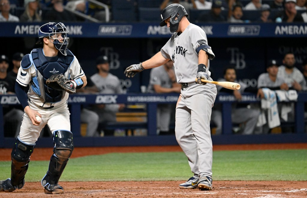 Paul Goldschmidt strikes out in the seventh inning of the Yankees' 6-4 loss to the Rays on July 7, 2026 in St. Petersburg, Fla.