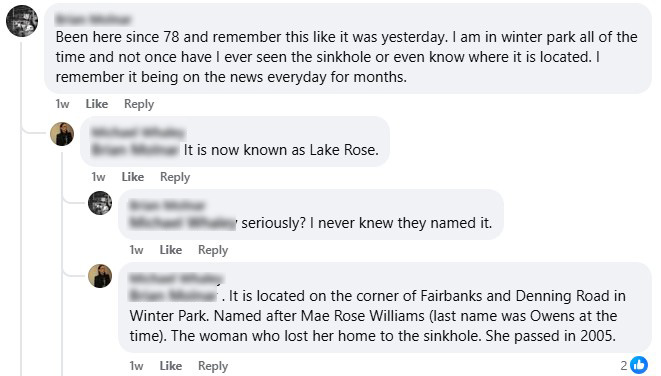 Facebook exchange discussing Lake Rose
