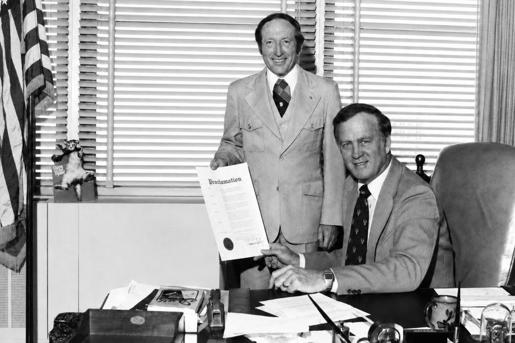 Owner of a real estate company and president or chairman of more than 60 organizations in his 80-year lifetime, George Linville, shown here left with Jacksonville Mayor Hans Tanzler, served as president of the year-long American Bicentennial Commission of Jacksonville in 1976. | Photo: George Linville Collection/Jacksonville History Center