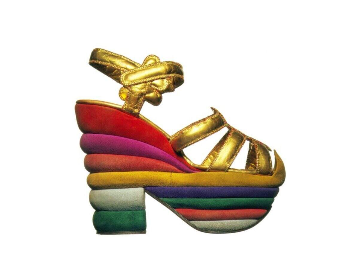 Salvatore Ferragamo’s “Rainbow” (1938) was designed by Salvatore Ferragamo for Judy Garland. Suede, gilded leather, leather and cork.