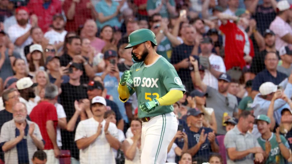 Boston Red Sox's Wilyer Abreu runs to home plate after hitting a solo home run during the third inning of the second baseball game of a doubleheader against the Tampa Bay Rays, Friday, July 17, 2026, in Boston. (AP Photo/Mark Stockwell)