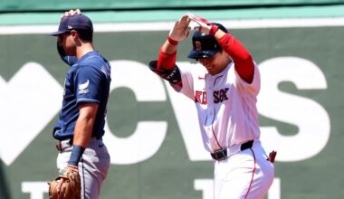 Boston Red Sox designated hitter Masataka Yoshida reacts after hitting a double during the second inning of the first baseball game of a doubleheader against the Tampa Bay Rays, Friday, July 17, 2026, in Boston. (AP Photo/Mark Stockwell)