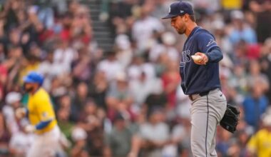 Tampa Bay Rays' Ian Seymour, right, prepares for the next batter as Boston Red Sox's Wilyer Abreu, back left, rounds the bases on a solo home run in the third inning of a baseball game, Saturday, July 18, 2026, in Boston. (AP Photo/Charles Krupa)