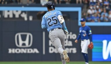 Tampa Bay Rays' Victor Mesa Jr. (25) runs the bases after hitting a solo home run against the Toronto Blue Jays during the second inning of a baseball game in Toronto, Monday, July 20, 2026. (Jon Blacker/The Canadian Press via AP)