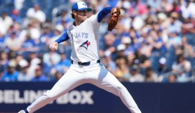 Toronto Blue Jays pitcher Shane Bieber pitches against the Tampa Bay Rays during the first inning of a baseball game in Toronto, Thursday, July 23, 2026. (Nathan Denette/The Canadian Press via AP)