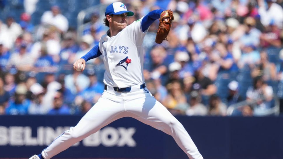Toronto Blue Jays pitcher Shane Bieber pitches against the Tampa Bay Rays during the first inning of a baseball game in Toronto, Thursday, July 23, 2026. (Nathan Denette/The Canadian Press via AP)
