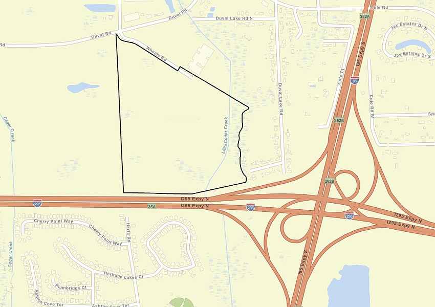 The site of the potential Rooker warehouse development is along Wheels Road, which connects to Duval Road at northwest Interstate 95 and I-295. The property is owned by the Jacksonville Aviation Authority.