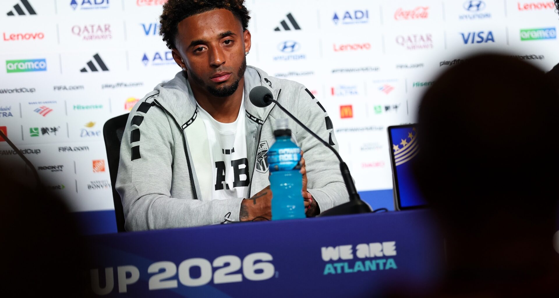 A photo of Cape Verde captain Ryan Mendes at a press conference in Atlanta, Georgia.